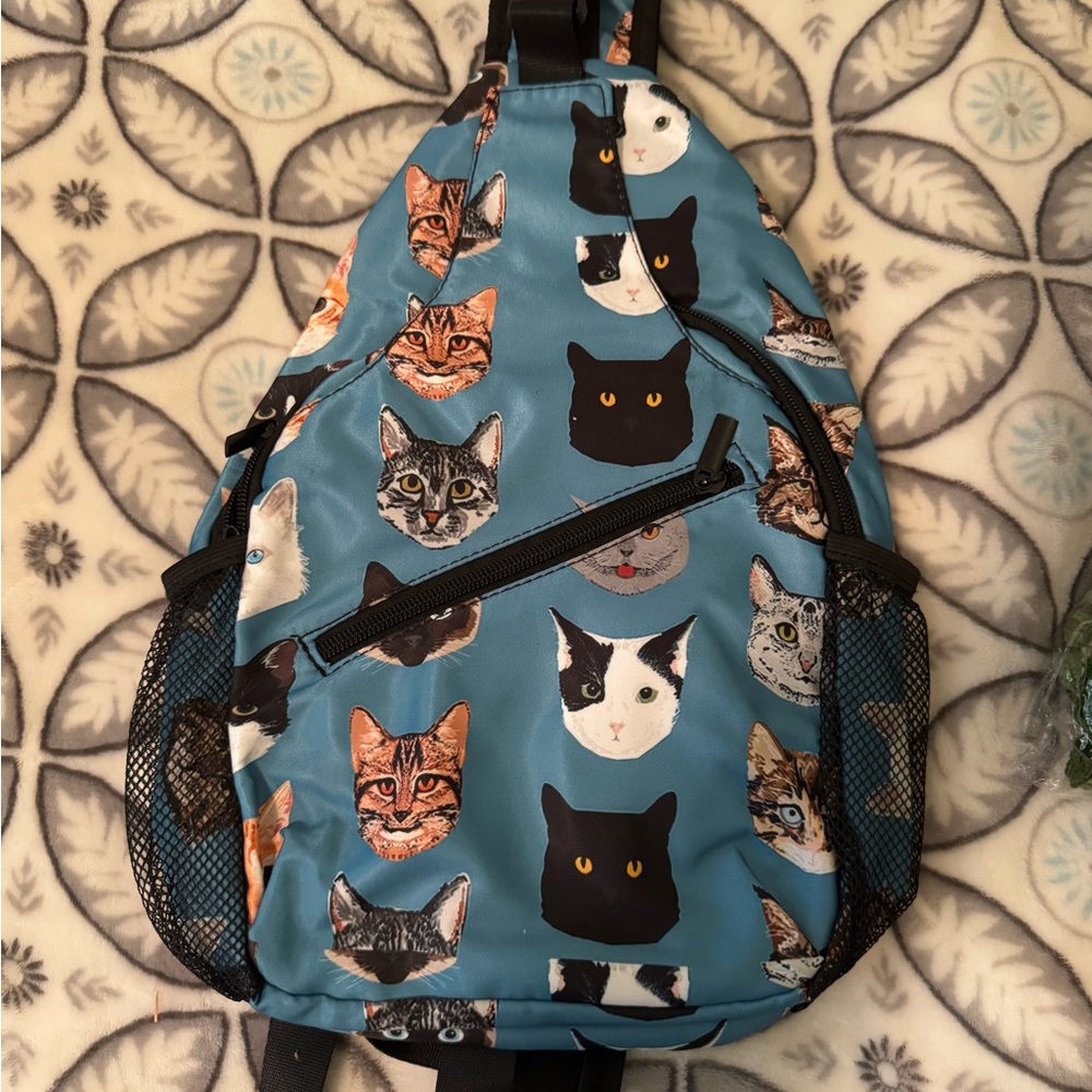 Cat Print Blue Sling Backpack